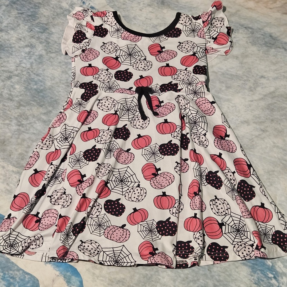 Girls Halloween Pumpkin Spiderweb Twirl Dress Size 8/9T Pink Black White‎
